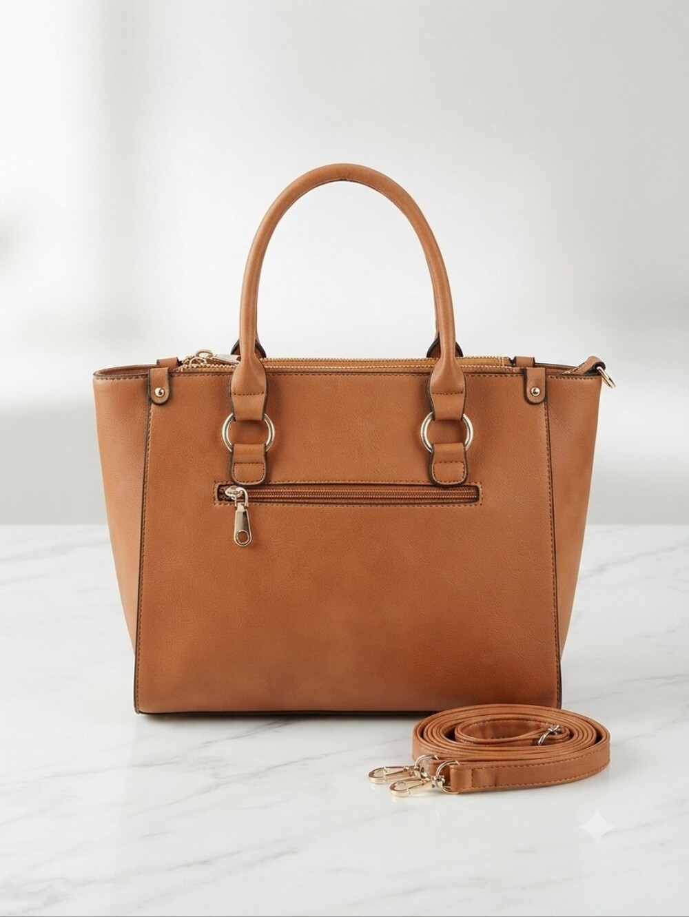 Camel Brown Vegan Leather Tote Shoulder Bag, Multi-Compartment Double Zipper